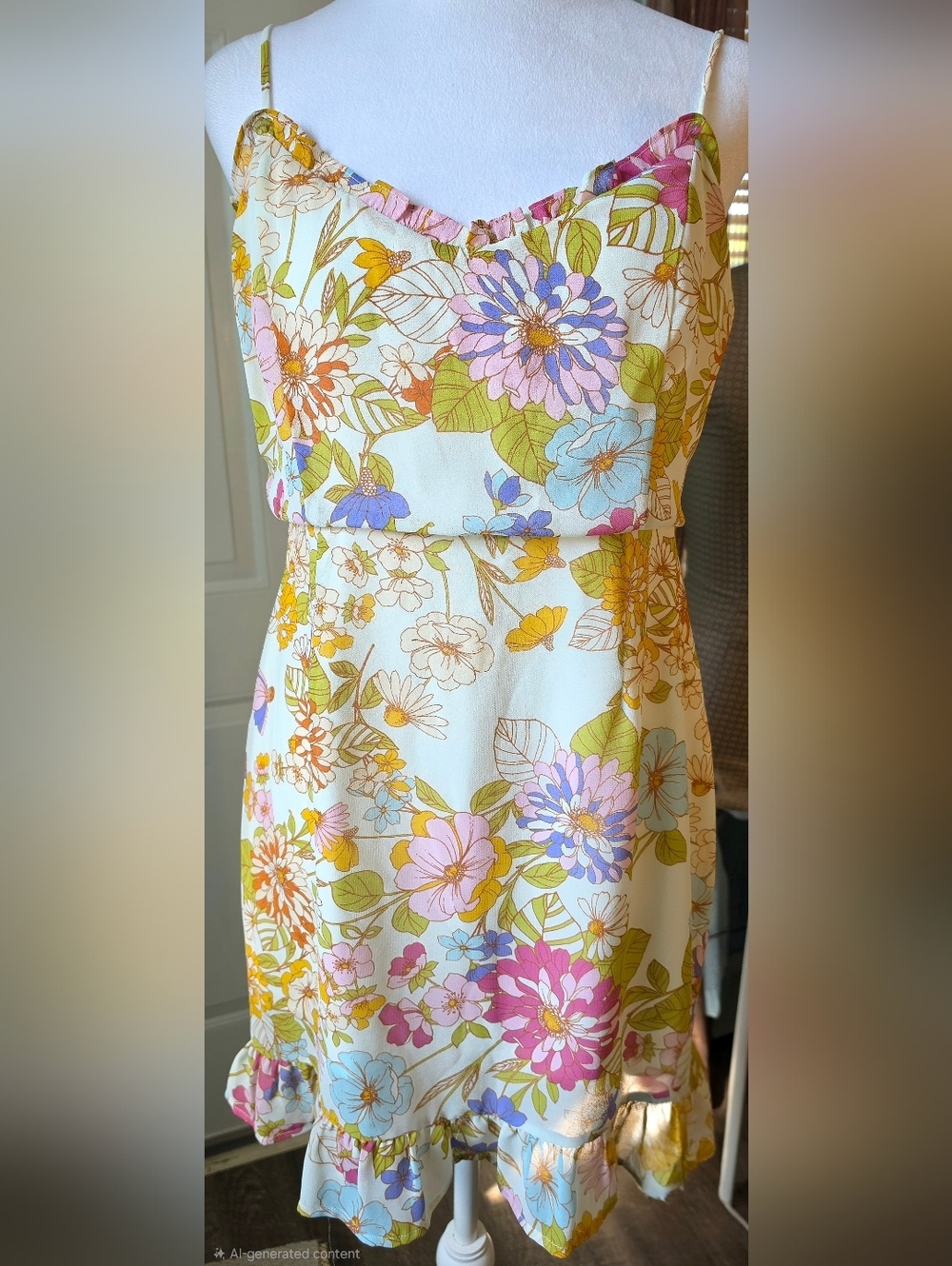 Sugar Lips Rochelle Kaia Tie Strap Ruffle Mini Dress Womens M Cream Multi Floral